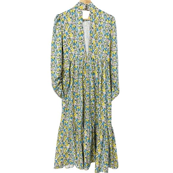 BEULAH Women’s Dress Small Yellow Floral Tie-Neck Midi V-Neck Vintage Inspired - Picture 2 of 10
